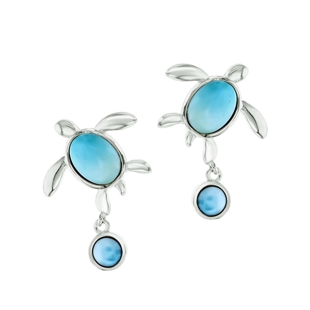 925 Sterling Silver Larimar Turtle w Round Dangling Earrings Post Back